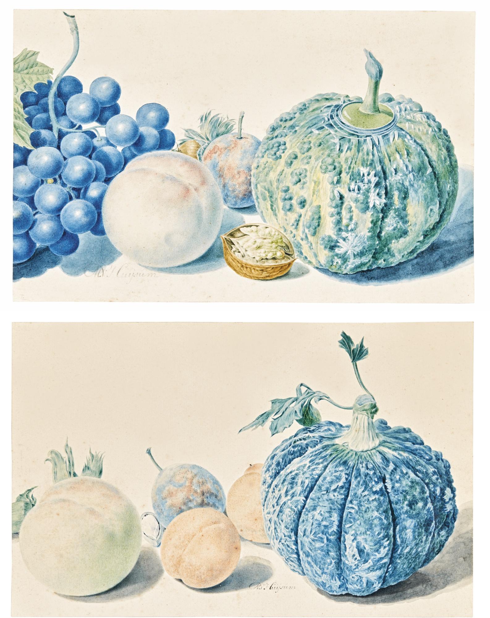 Michiel van Huysum - A) A Still Life With Grapes, Peaches, Melon And A Walnut B) A Still With Melon And Peaches