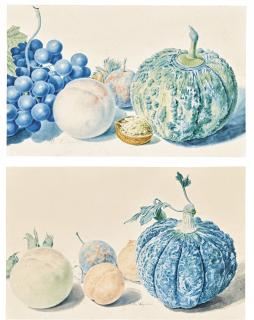 Michiel van Huysum - A) A Still Life With Grapes, Peaches, Melon And A Walnut B) A Still With Melon And Peaches