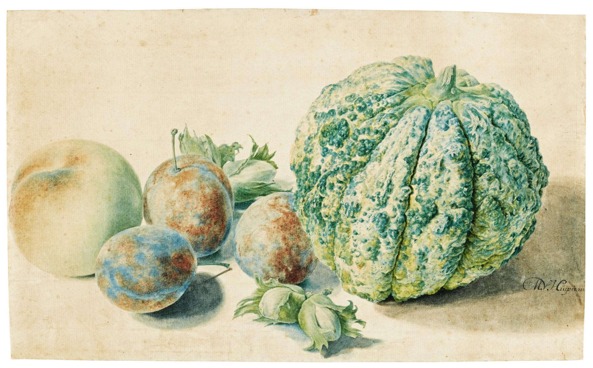 Michiel Van Huysum - A Still Life With Plums, A Peach And A Melon