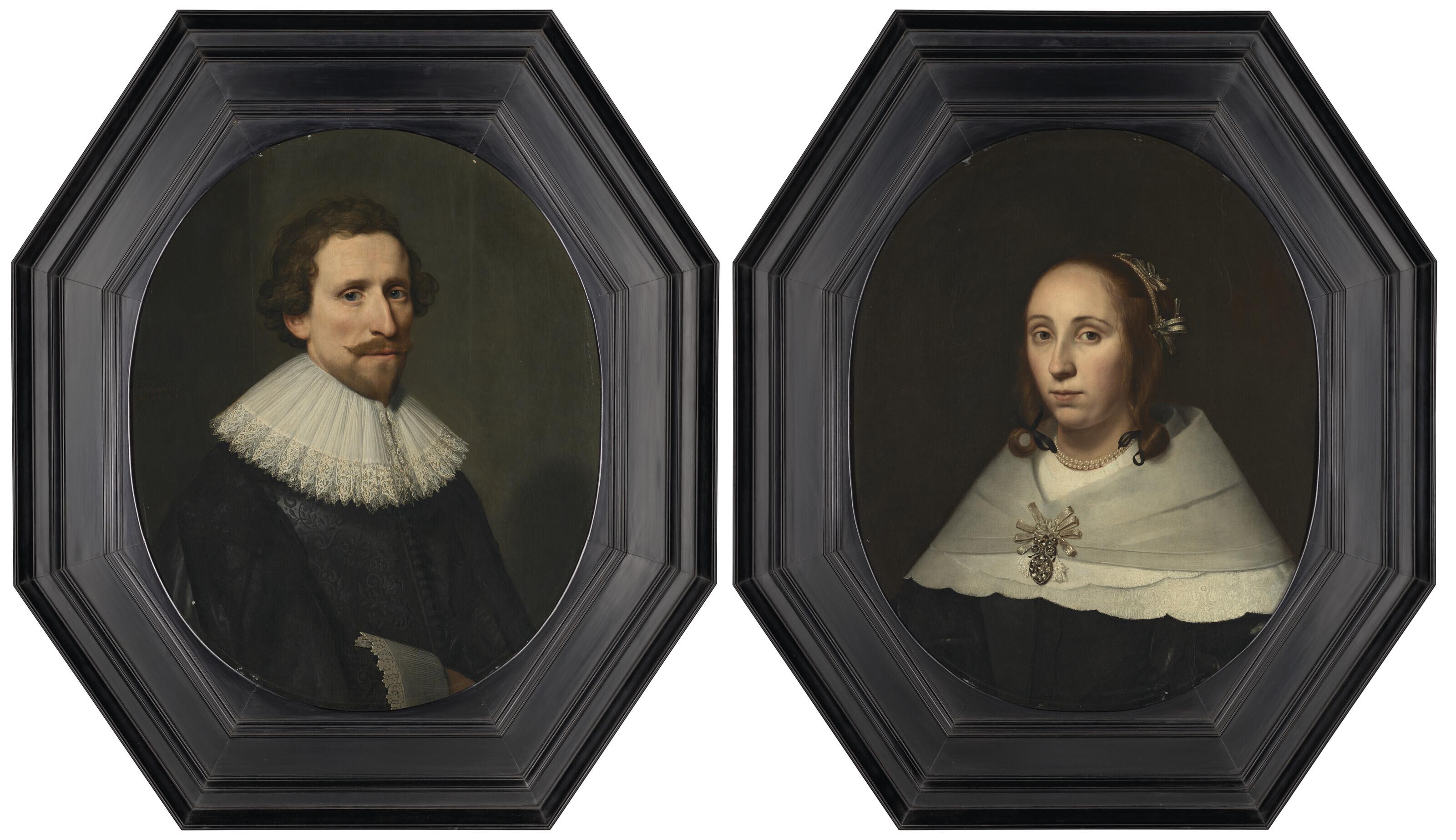 Michiel van Mierevelt - Portrait of a gentleman, half-length, in a black doublet, with white ruff and cuffs; portrait of a lady, half-length, in a black dress with flat white collar and jewelled brooch