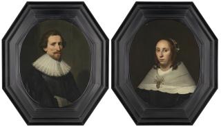 Michiel van Mierevelt - Portrait of a gentleman, half-length, in a black doublet, with white ruff and cuffs; portrait of a lady, half-length, in a black dress with flat white collar and jewelled brooch
