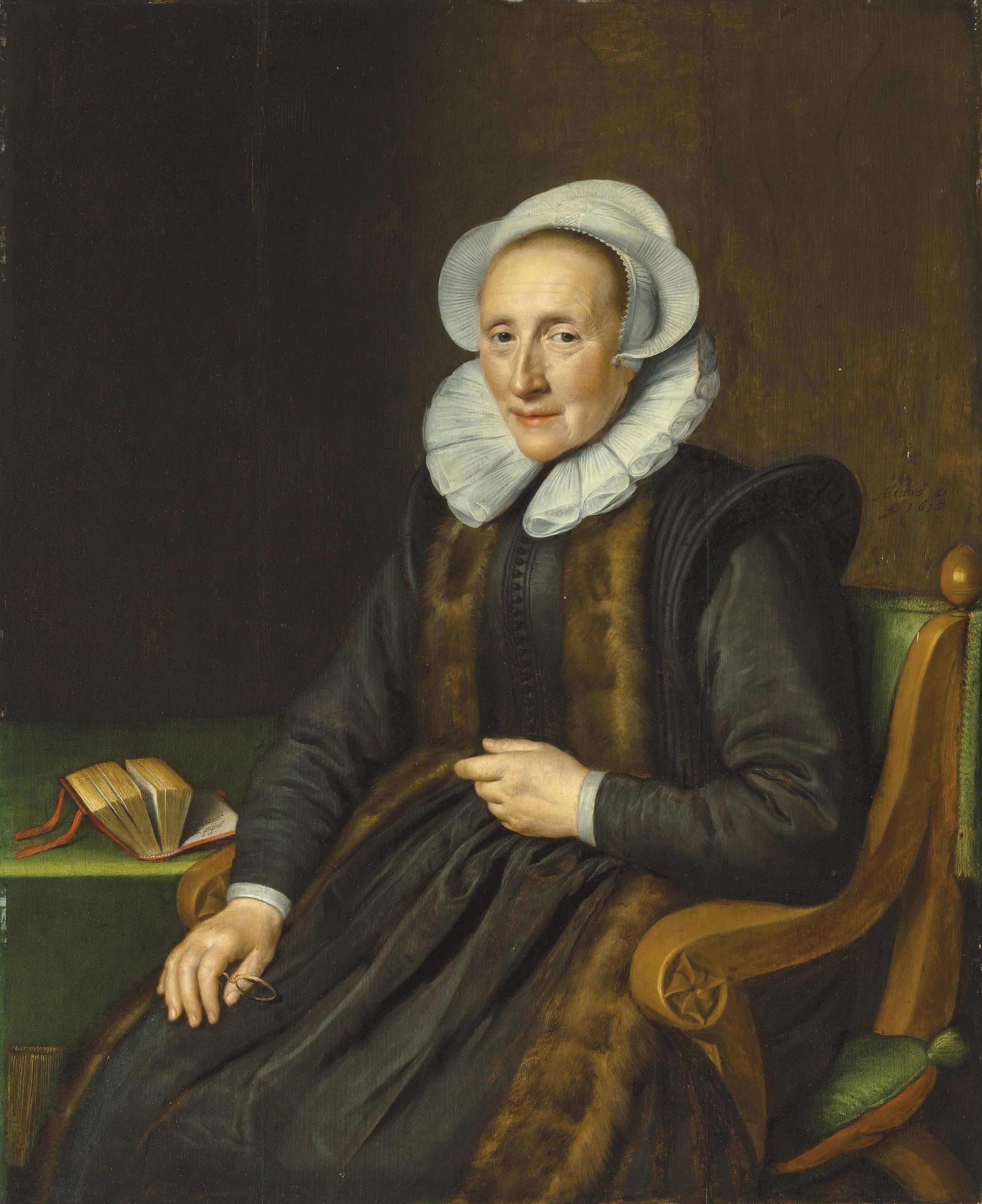 Michiel Van Mierevelt - Portrait of a lady, identified as Maria Mollen (1555-1621), three-quarter-length, in a black fur-trimmed gown, seated at a table with a book