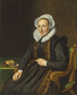 Michiel Van Mierevelt - Portrait of a lady, identified as Maria Mollen (1555-1621), three-quarter-length, in a black fur-trimmed gown, seated at a table with a book