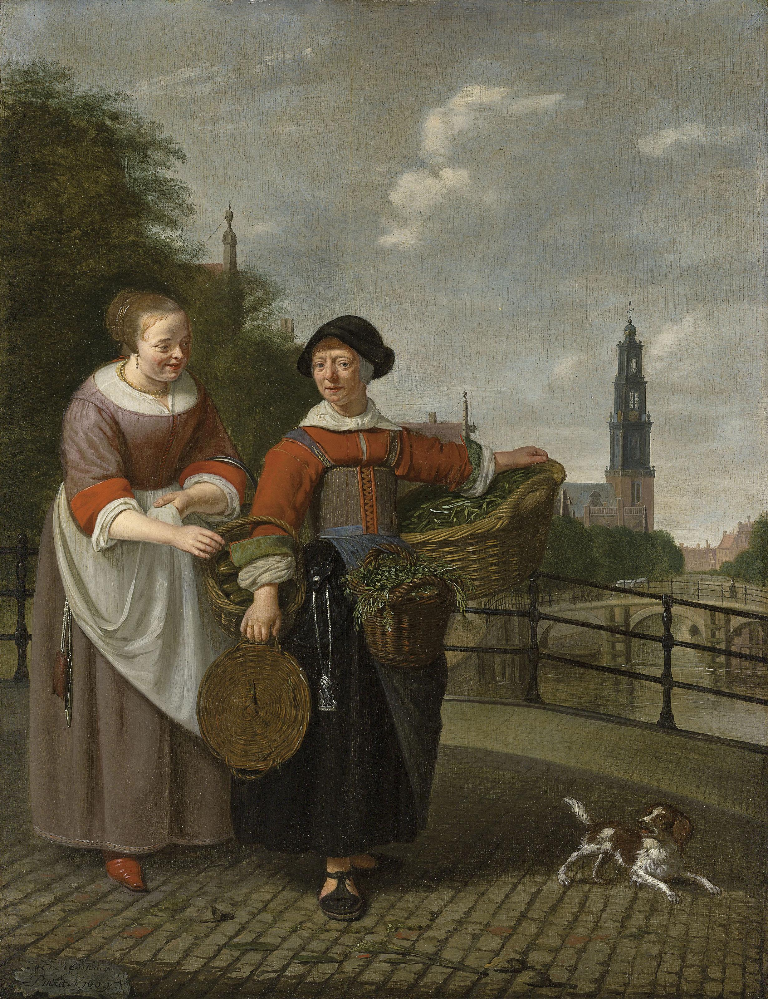 Michiel Van Musscher - A female merchant and a maid at the Eenhoornsluis in Amsterdam
