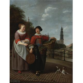 Michiel van Musscher - A Maid And A Female Merchant At The Eenhoornsluis In Amsterdam