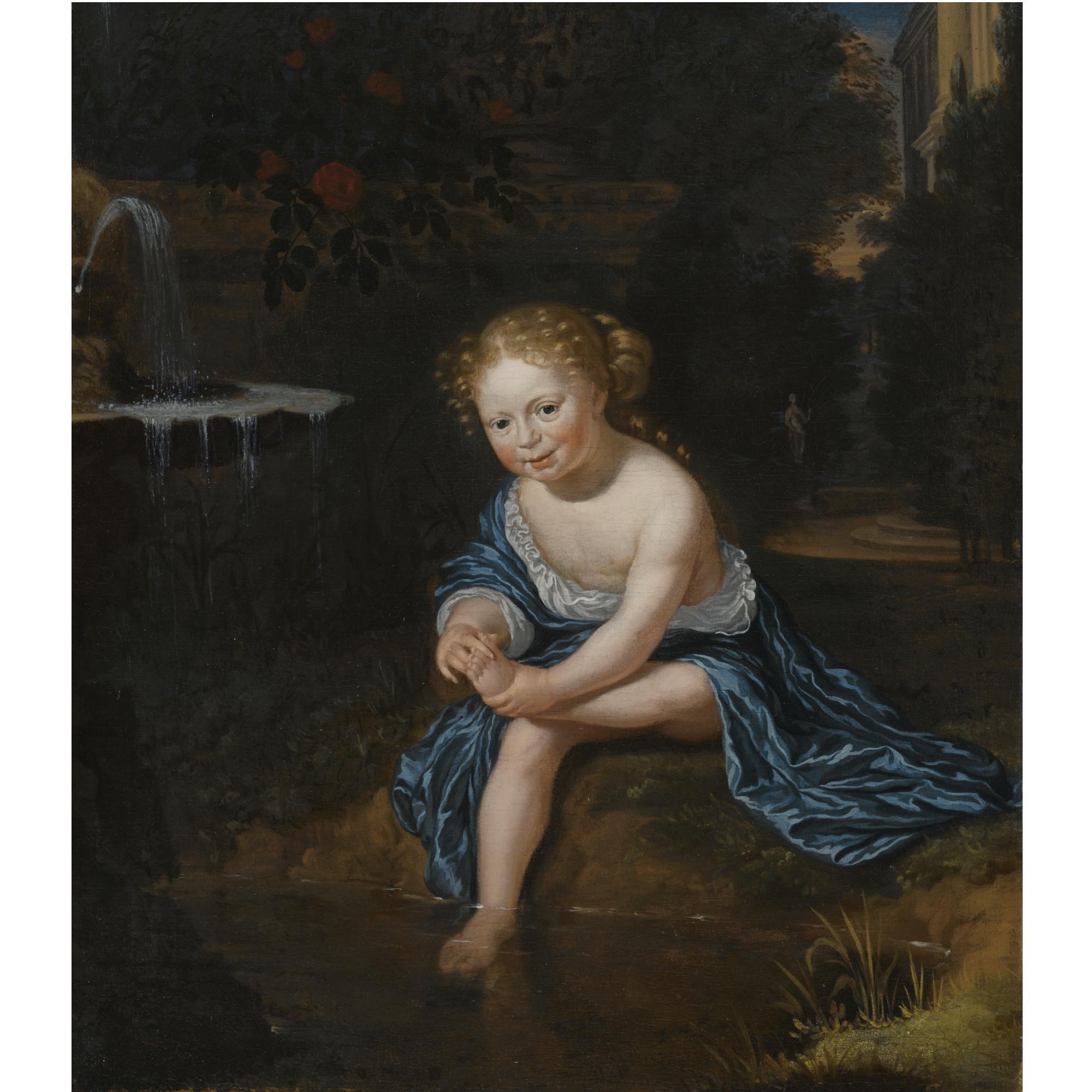 Michiel van Musscher - A Young Girl With A Blue An White Satin Dress, Washing Her Feet In A Pond, In A Formal Garden Setting