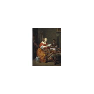 Michiel van Musscher - An Interior With A Young Girl, Seated At A Table Covered With An Indian Carpet And Reading A Letter, Attended By A Negro Page