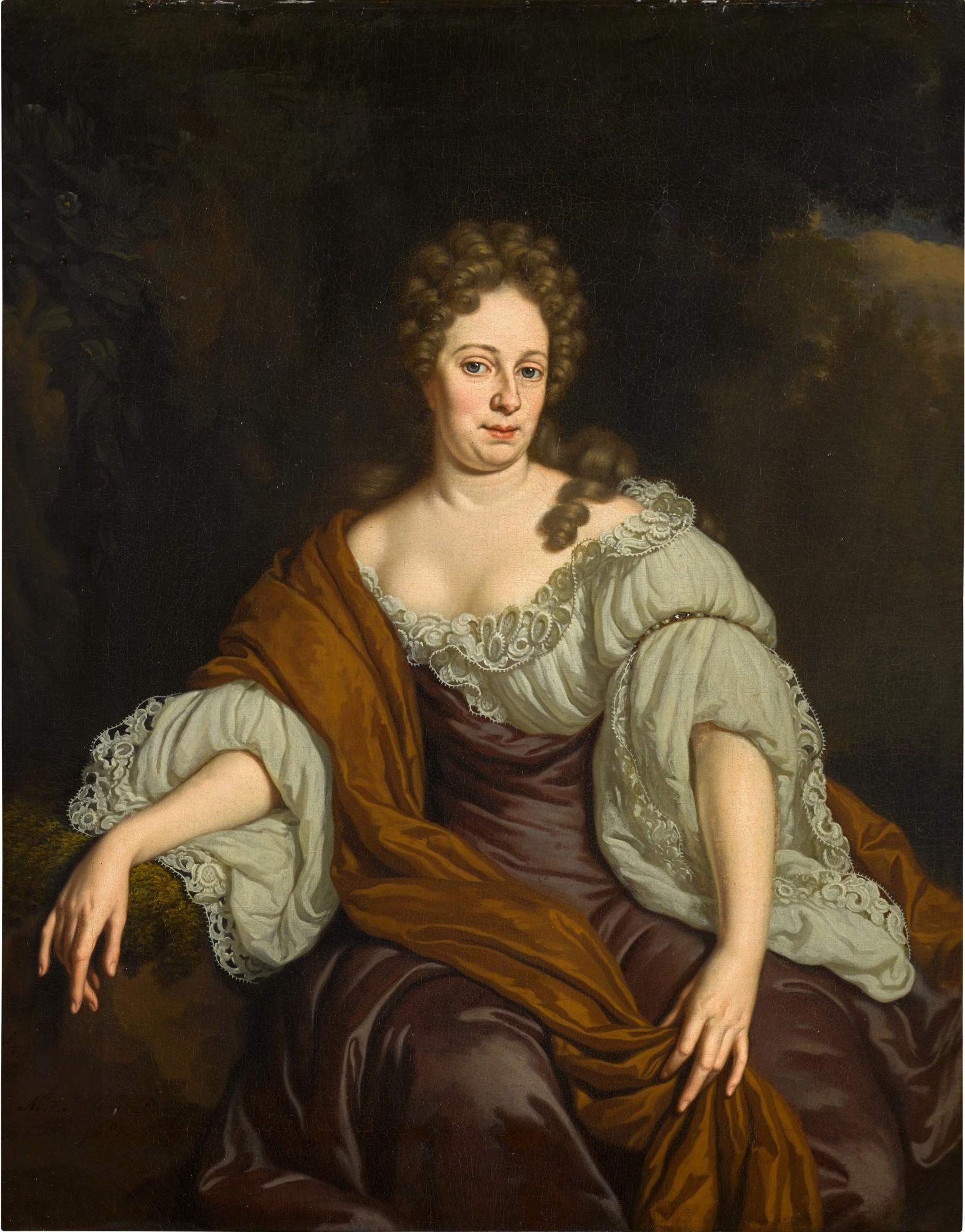 Michiel Van Musscher - Portrait of a lady, seated three-quarter length, wearing a white lace chemise and brown shawl