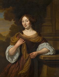 Michiel Van Musscher - Portrait of a lady, standing three-quarter length, in a landscape