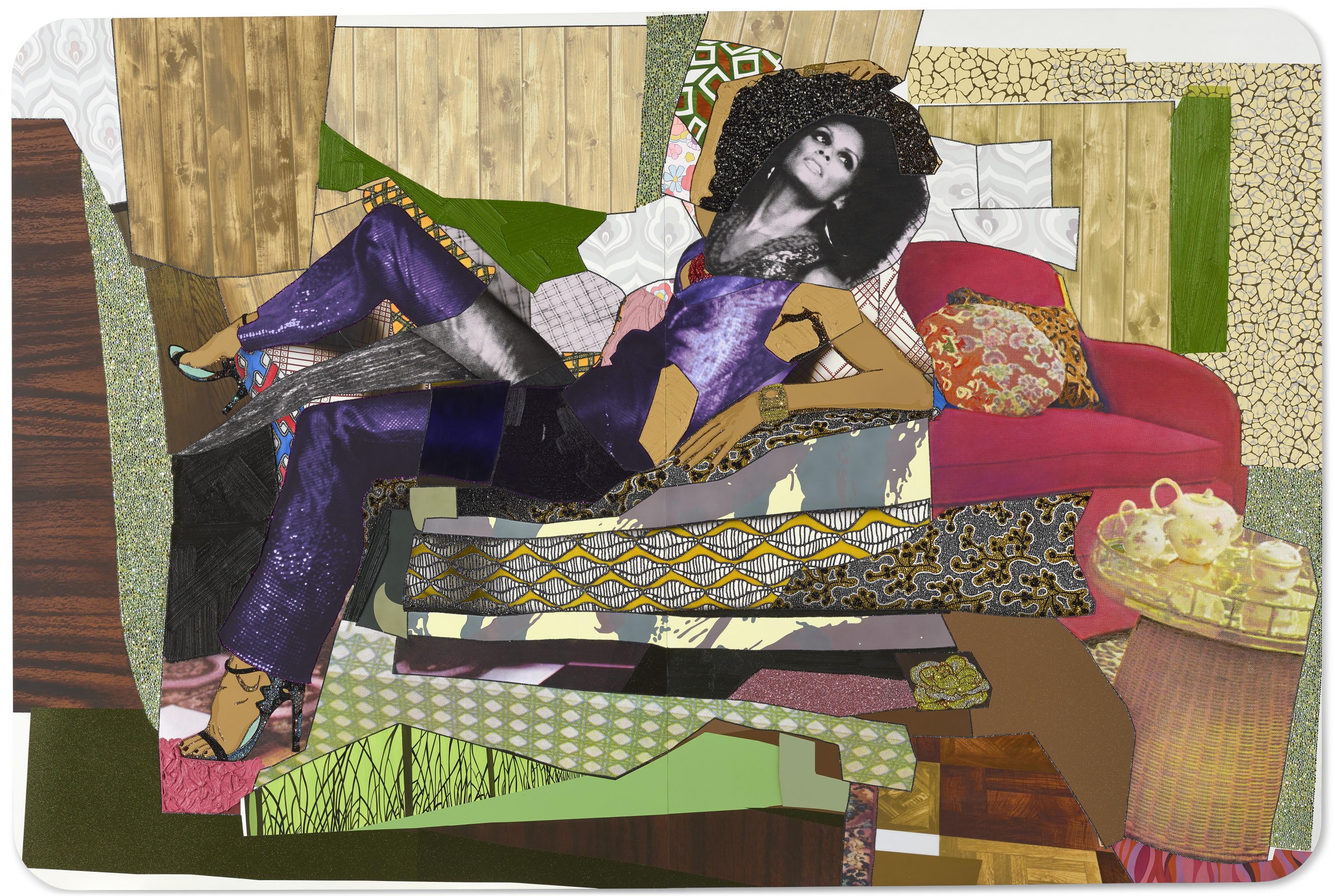 Mickalene Thomas - Racquel Reclining Wearing Purple Jumpsuit
