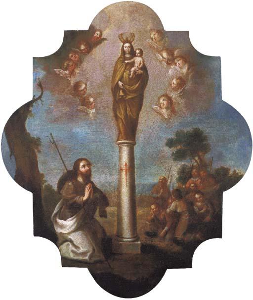 Miguel Cabrera - Apostol Santiago adorando a la Virgen con el Niño en la columna, sobre un fondo de paisaje con una ciudad y un grupo de peregrinos