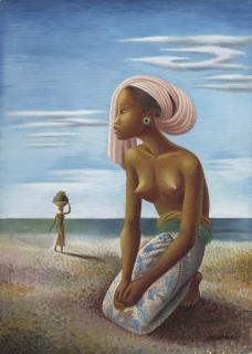 Miguel Covarrubias - Girl Wearing a Sarong by the Ocean (also known as Balinesa con turbante rosa en la playa)