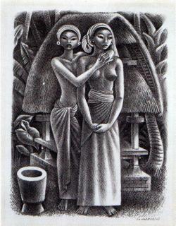 Miguel Covarrubias - Two Balinese girls in front of a rice granary