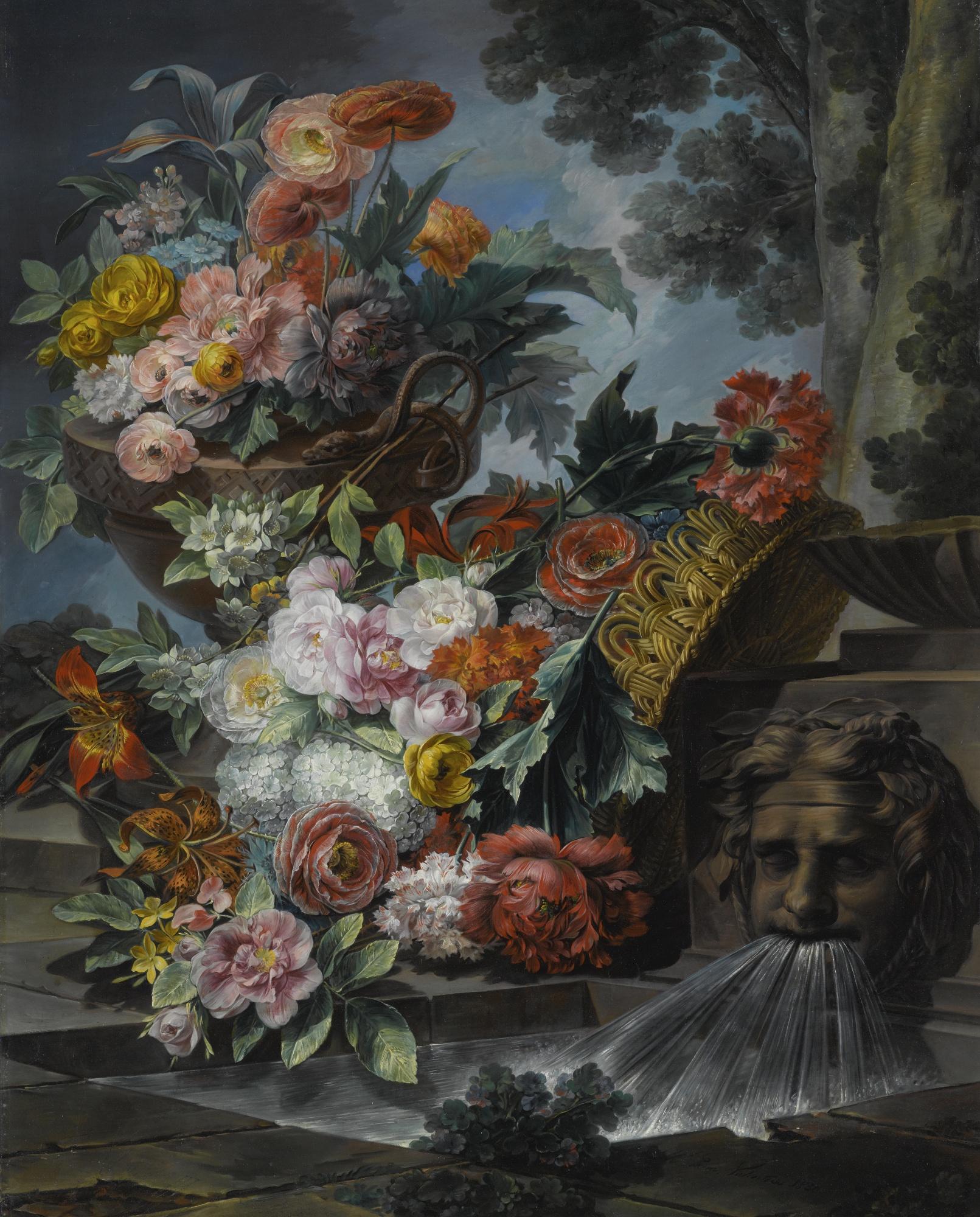 Miguel Parra Abril - An Outdoor Scene With A Pool Of Water, A Basket And An Urn Filled With Carnations, Roses, Peonies, Lilies, Hydrangeas And Other Flowers