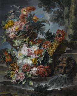 Miguel Parra Abril - An Outdoor Scene With A Pool Of Water, A Basket And An Urn Filled With Carnations, Roses, Peonies, Lilies, Hydrangeas And Other Flowers