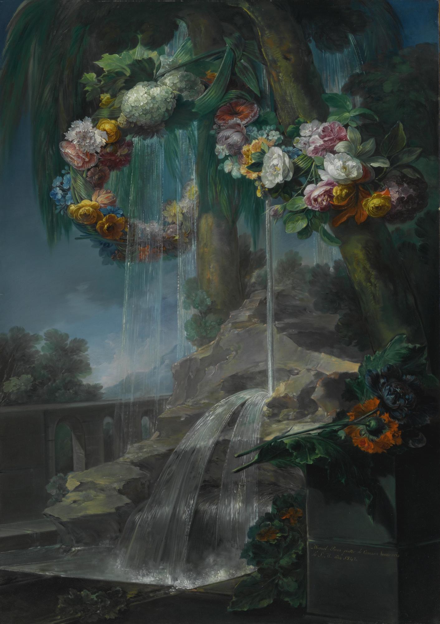 Miguel Parra Abril - An Outdoor Scene With A Spring Flowing Into A Pool, With Garlands Of Flowers And An Aqueduct Beyond