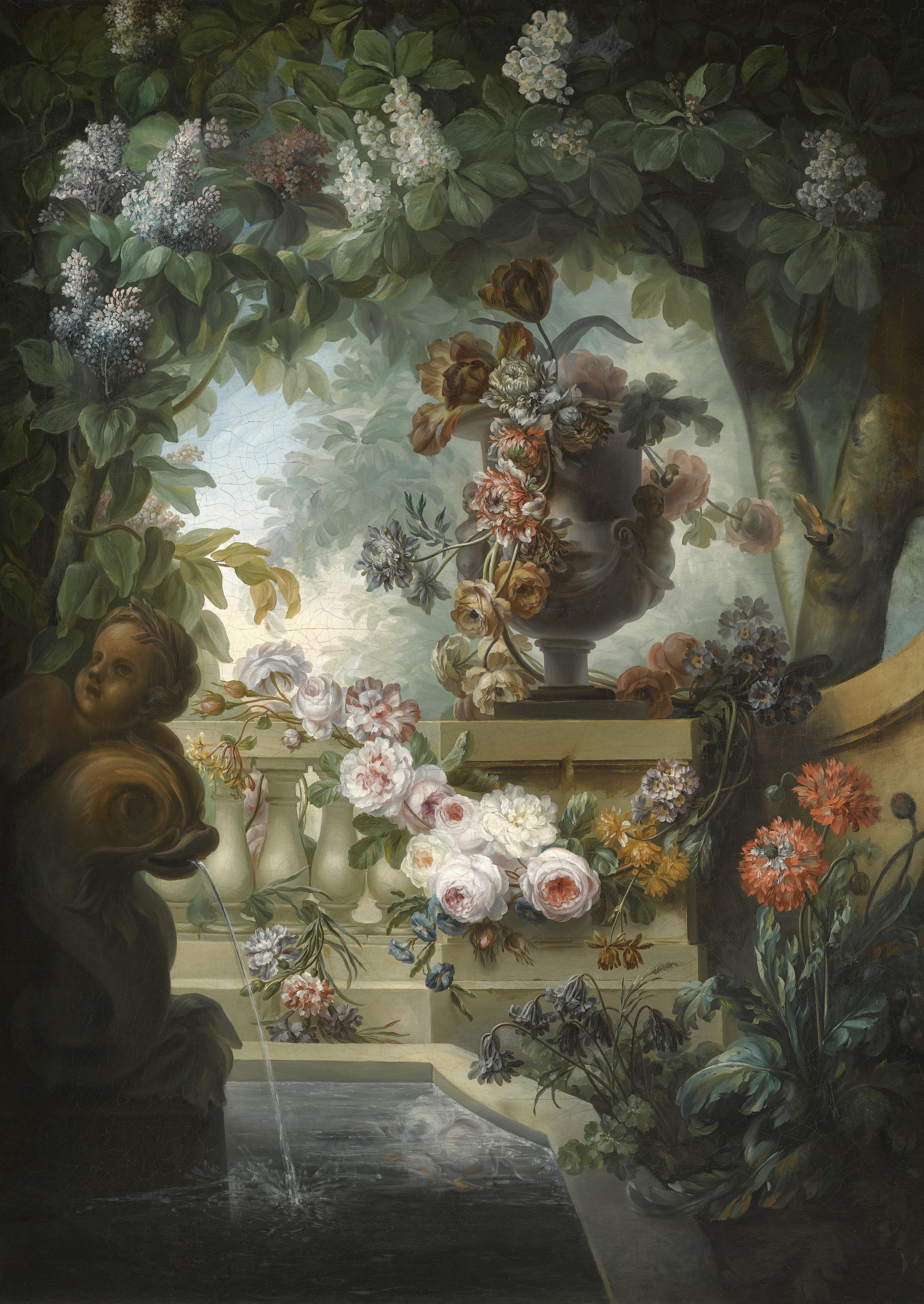 Miguel Parra - A Garden Scene With An Urn Of Flowers, A Flower Garland And A Fountain Beneath A Canopy Of Wisteria