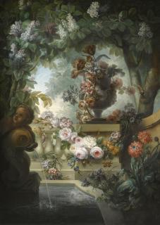 Miguel Parra - A Garden Scene With An Urn Of Flowers, A Flower Garland And A Fountain Beneath A Canopy Of Wisteria