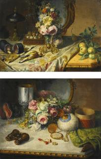 Miguel Parra - A Still Life Of Flowers And Apples On A Table Top Partly Draped With Ornate Fabric; A Still Life Of Flowers And Jewellery And A Silver Cup On Marble Table Top