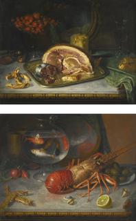 Miguel Parra - Still Life Of Meats And Cheese On A Silver Platter And Bowl Of Strawberries; Still Life Of A Lobster And Prawns Before A Bowl Of Gold Fish