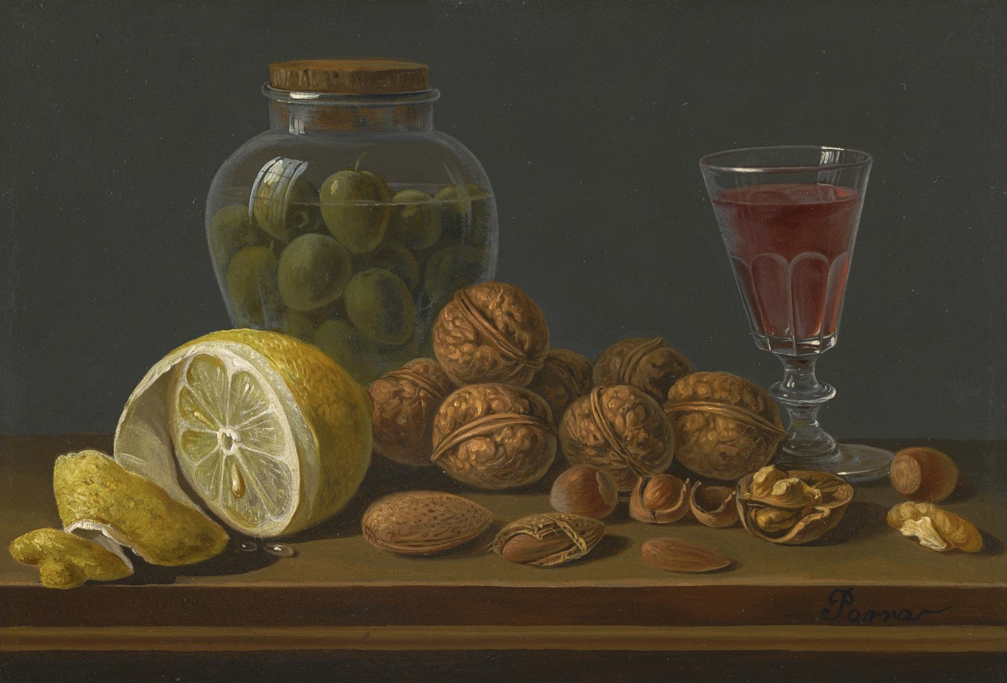 Miguel Parra - Still Life Of Walnuts, Almonds, A Glass Jar Of Olives And A Half-Peeled Lemon On A Table Top