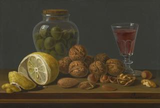 Miguel Parra - Still Life Of Walnuts, Almonds, A Glass Jar Of Olives And A Half-Peeled Lemon On A Table Top