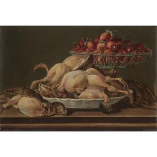 Miguel Parra - Still Life With Plucked Game And A Basket Filled With Strawberries