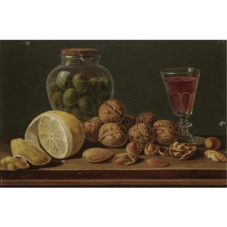 Miguel Parra - Still Life With Walnuts, Olives In A Glass Jar, A Partly Peeled Lemon And A Glass Of Red Wine