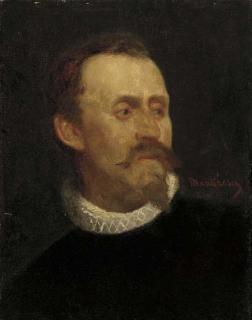 Mihaly Von Munkacsy - Portrait of a man, bust-length, in a black doublet and lace collar