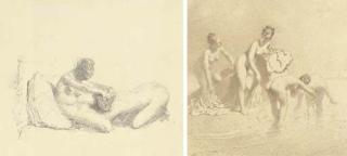 Mihaly Zichy - Quatre jeune filles nues se baignant dans la mer; et Une scène érotique avec une fille nue couchée devant une autre
