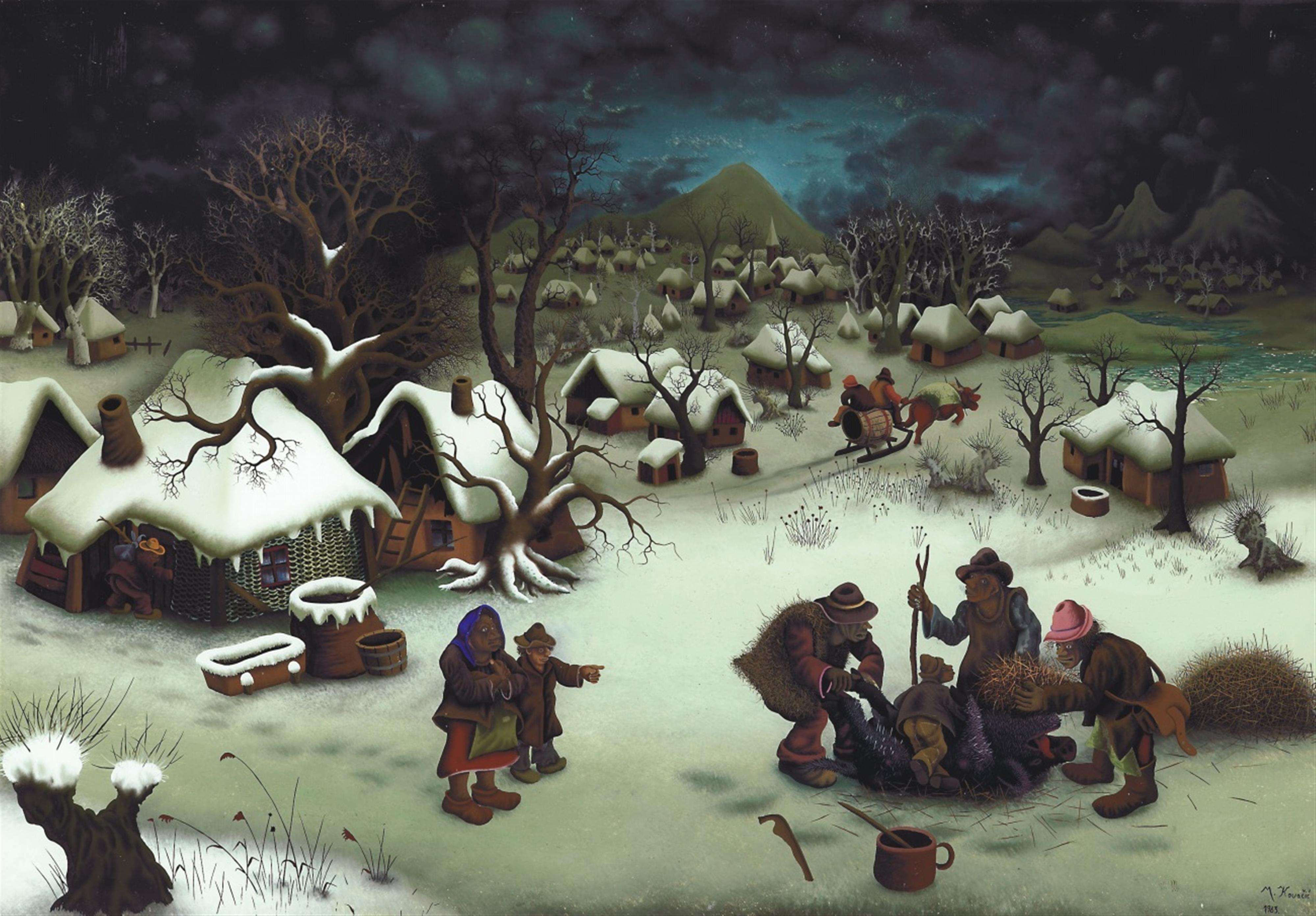 Mijo Kovacic - Winterliche Dorfszene mit erlegtem Wildschwein