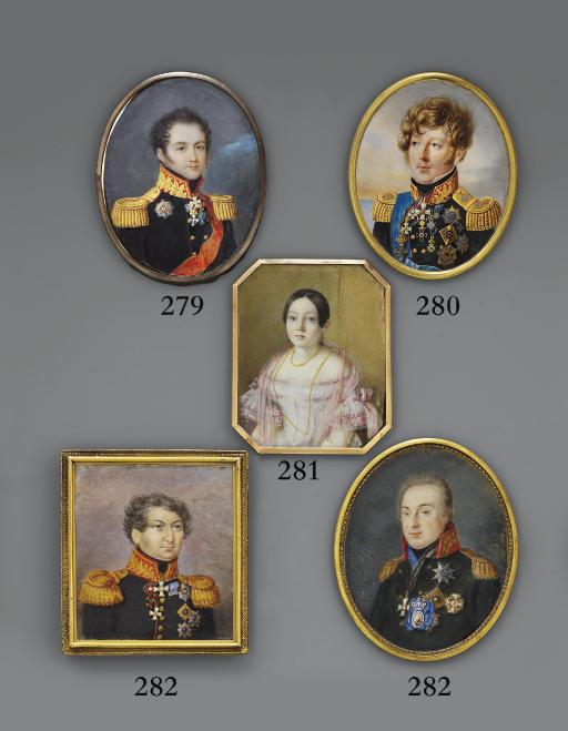 Mikhail Ivanovich Terebenev - A young lady, in pink-bordered white dress, lace and pink bows at her sleeves, gold chains, jewelled drop earrings, her dark hair swept back