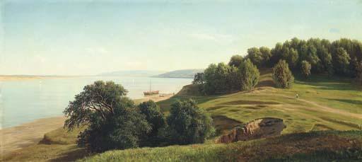 Mikhail Konstantinovich Klodt - A River Landscape With A Boat Moored At Shore