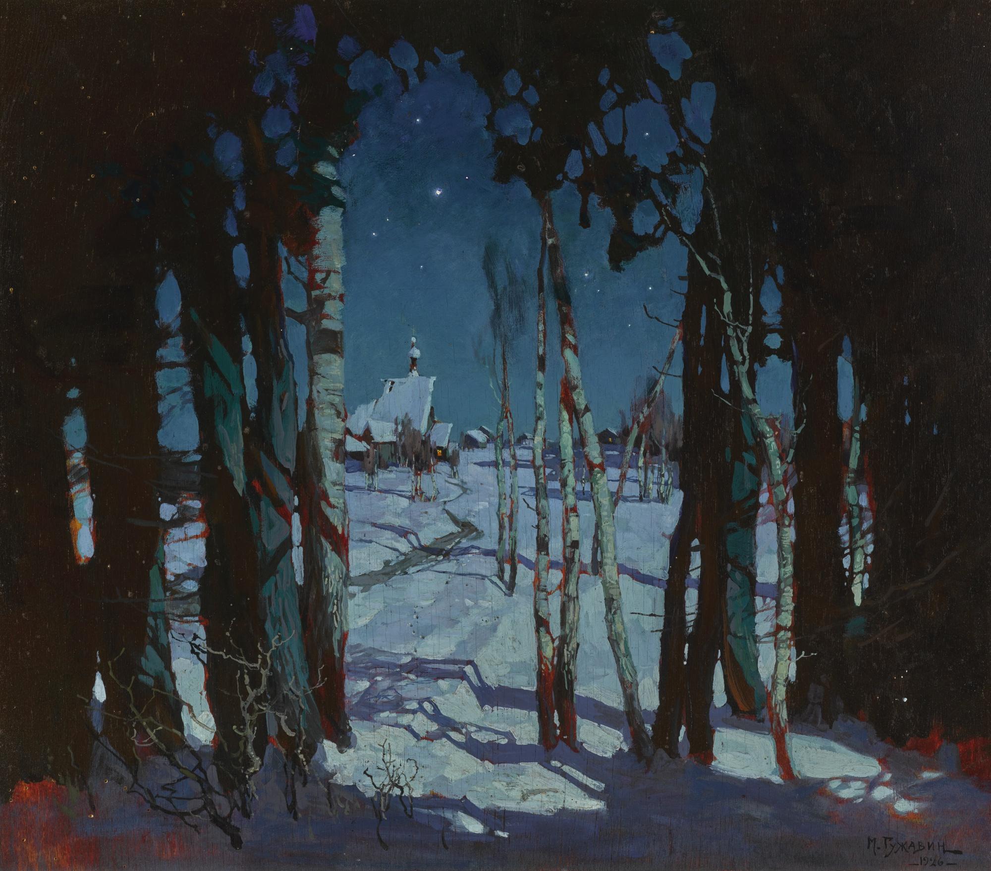 Mikhail Markelovich Guzhavin - Moonlit Village In Winter