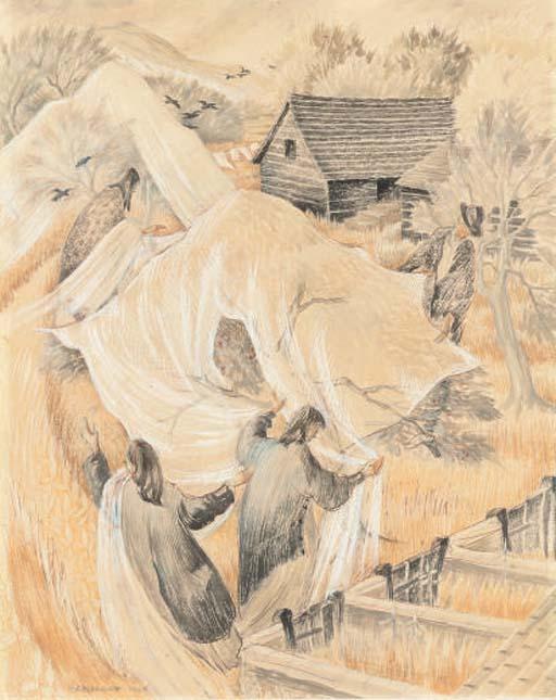 Mildred E. Eldridge, R.W.S. - Netting fruit bushes in Wales