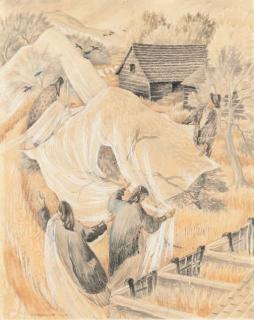 Mildred E. Eldridge, R.W.S. - Netting fruit bushes in Wales