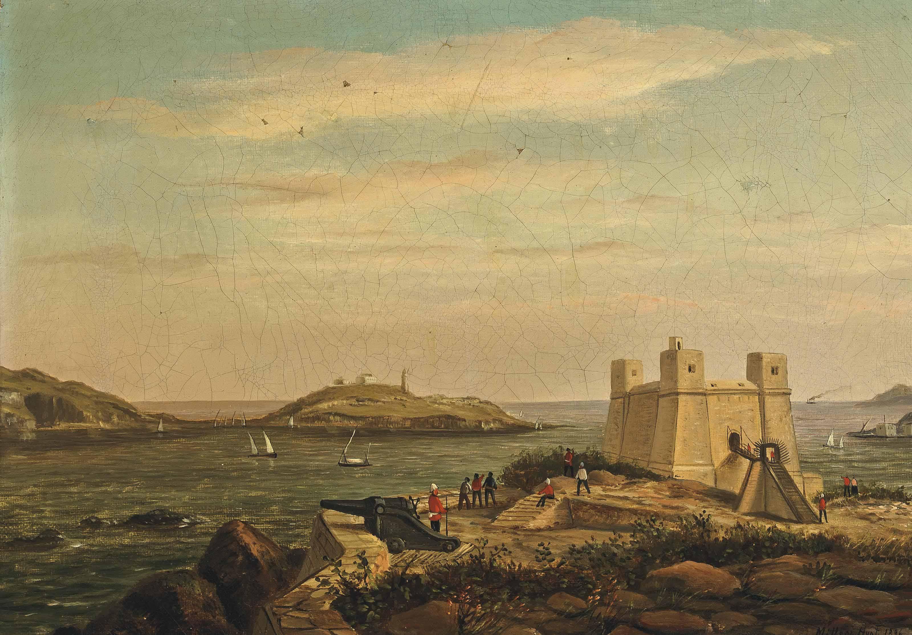 Milson Hunt - A View of Wignacourt Tower with St Paul\'s Bay beyond, Malta; and Xebecs and a Steamer off a Mediterranean coast