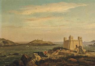 Milson Hunt - A View of Wignacourt Tower with St Paul\'s Bay beyond, Malta; and Xebecs and a Steamer off a Mediterranean coast
