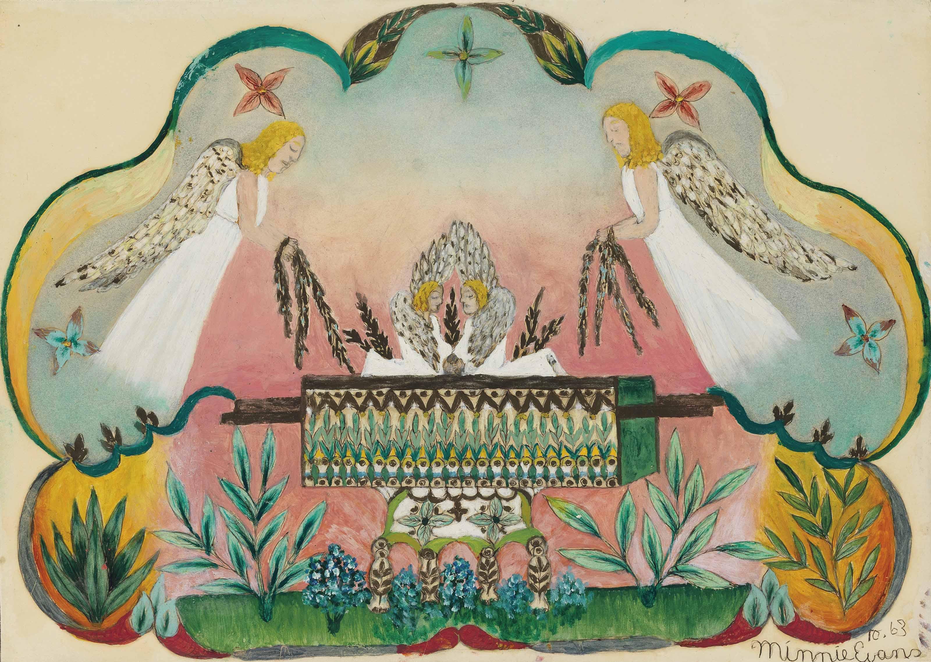 Minnie Evans - Untitled (Angels Holding the Arc of the Covenant), 1963