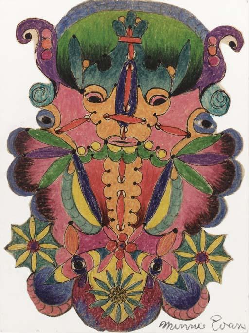 Minnie Evans - Untitled (Face Design with Ribbon and Flowers)