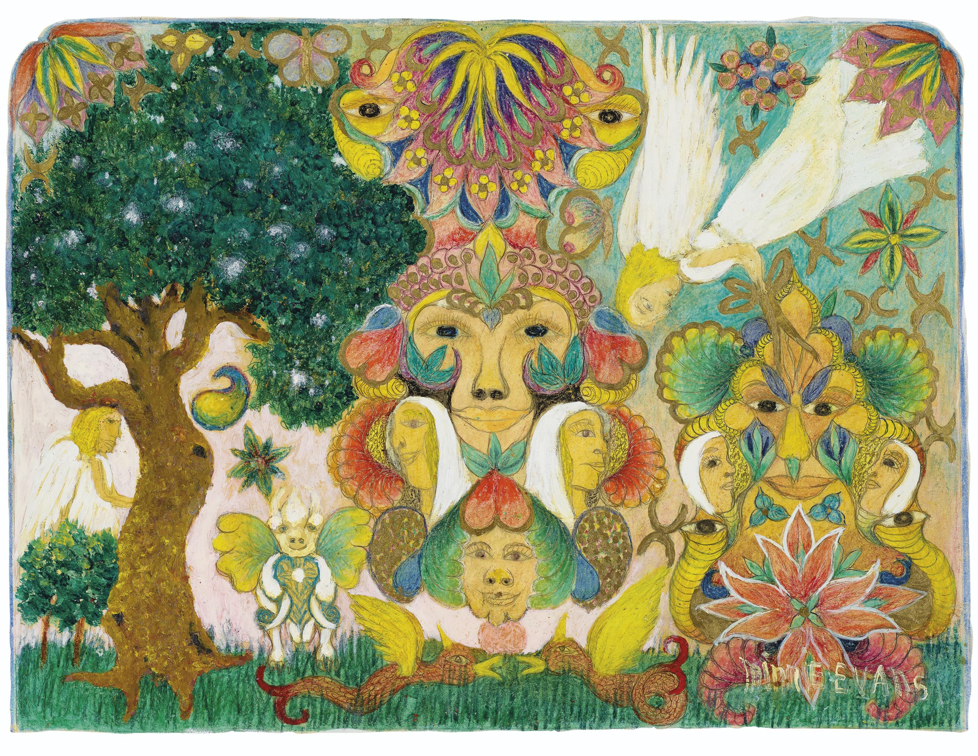 Minnie Evans - Untitled (Faces, Serpents, Animals, Angels), 1966