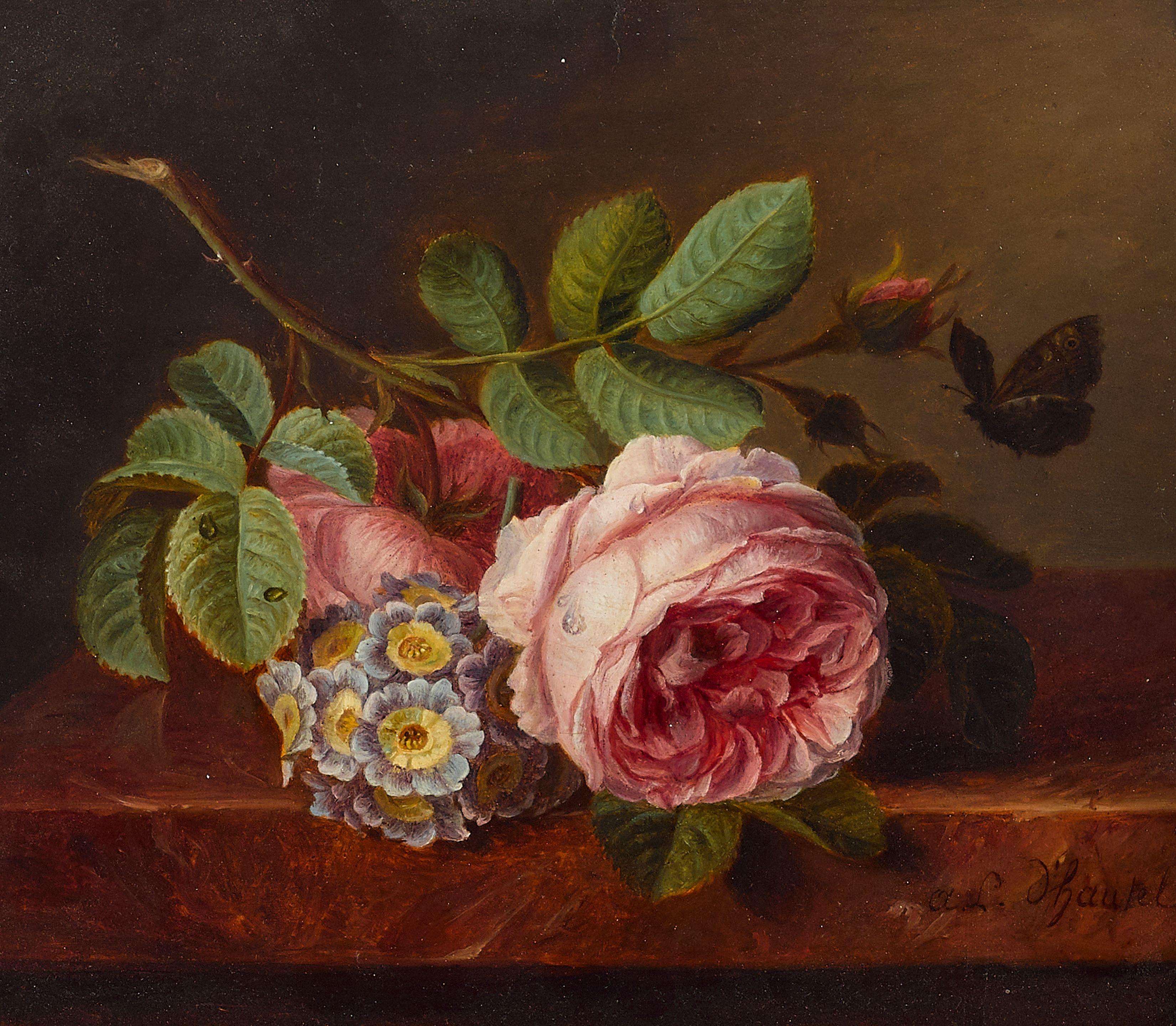 Mme Amélie D\'Aubigny - Roses, primroses, and a butterfly on a stone ledge