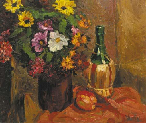 Mogens Vantore - A still life with flowers in a vase, a bottle and an apple on a table