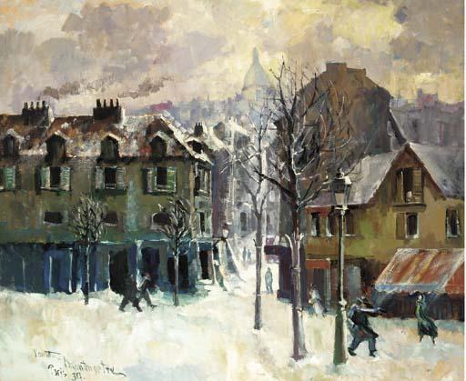 Mogens Vantore - A street scene in Montmartre, Sacre Coeur beyond