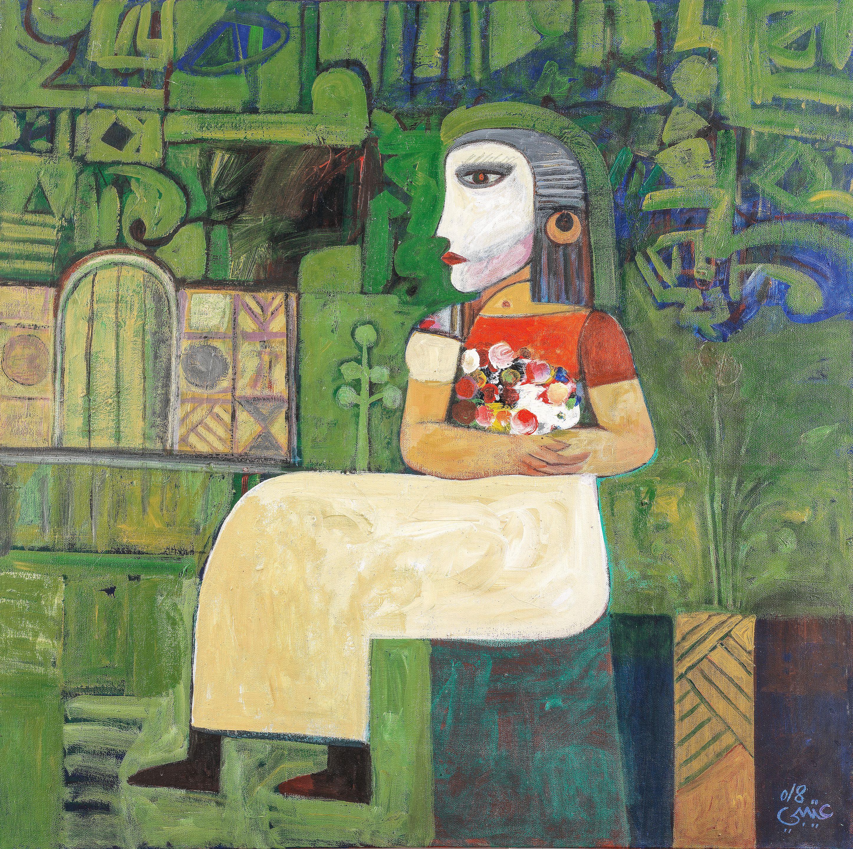 Mohamed Abdalla Otaybi - Seated Female Holding Flowers, 2018