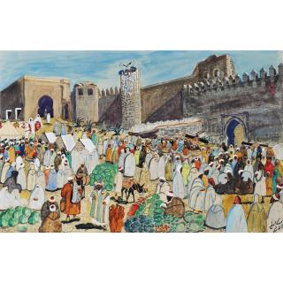Mohammed Ben Ali R\'Bati - Marché Et Jour De Fête Devant La Kasbah Des Oudayas À Rabatmohammed Ben Ali R\'Bati ; Market In Front Of The Oudayas Kasbah, Rabat ; Signed In Arabic ; Gouache And Watercolour On Paper