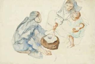 Mohammed Naghi Bey - Egyptian women and child with pestle and mortar