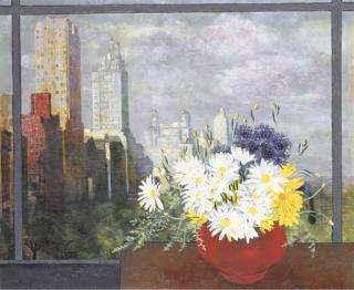 Moise Kisling - Bouquet de fleurs devant la fenêtre, New York