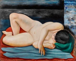 Moïse Kisling - Nu allongé sur drap rouge et vert