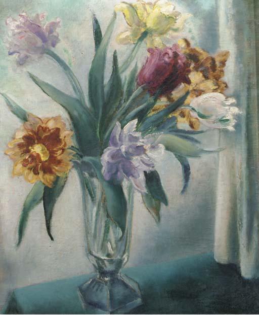 Mommie Schwarz - A still life with tulips in a glass vase
